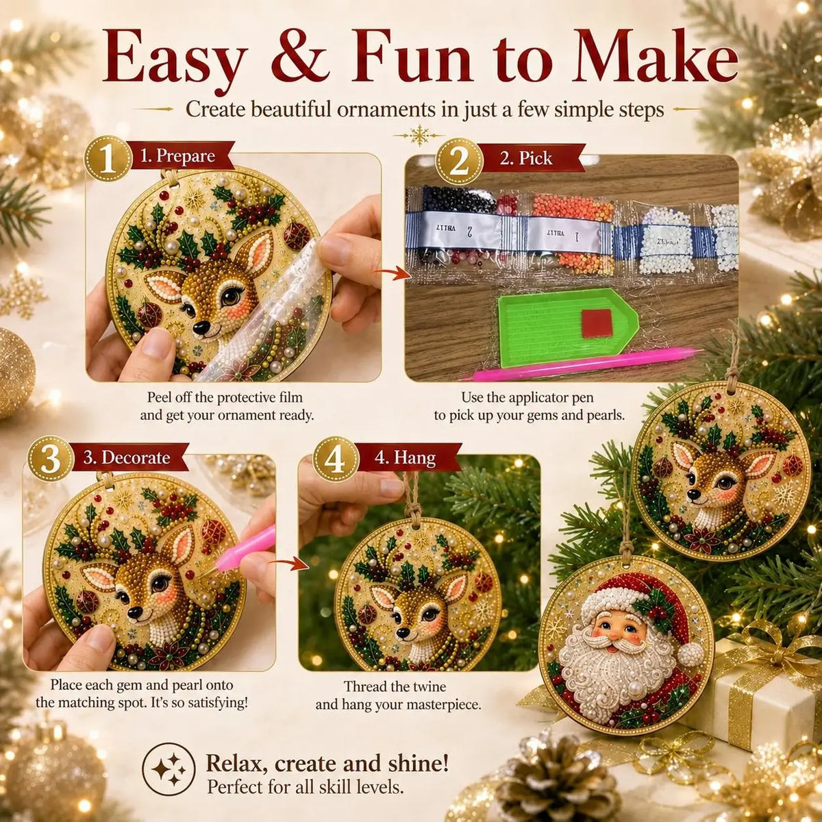 🎄✨6Pcs Christmas DIY Diamond Painting Ornaments Kit, Xmas Tree Hanging Pendant🎄